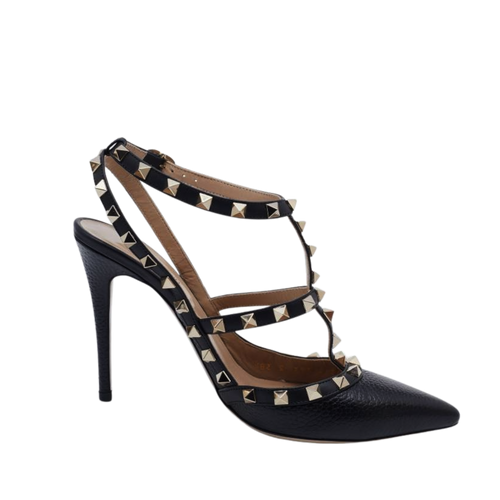 Pebbled Calfskin Rockstud Ankle Strap Pumps 38