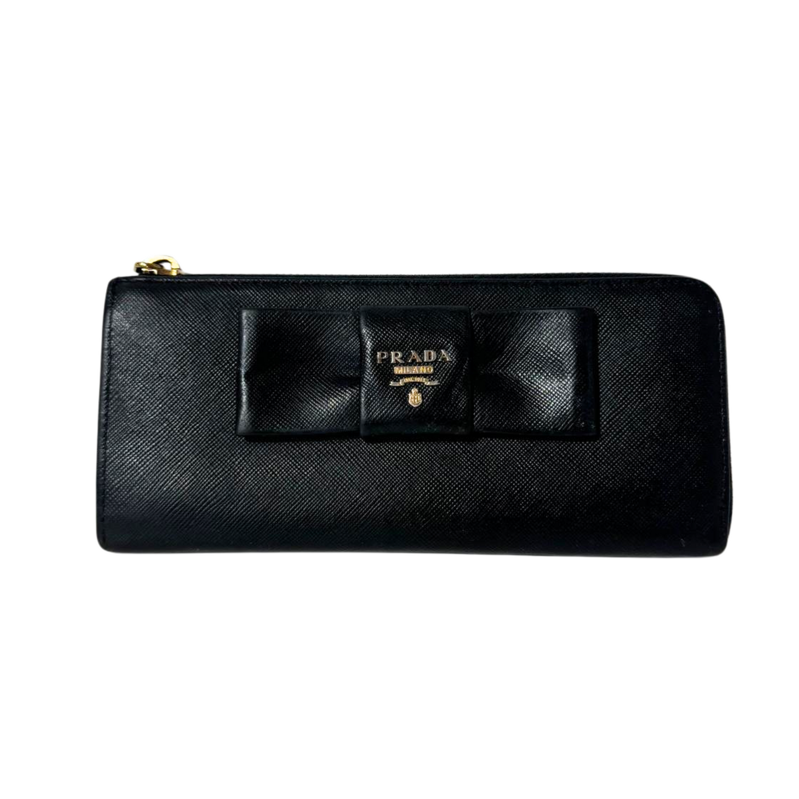 Prada Black Saffiano Leather Bow Zip Around Wallet