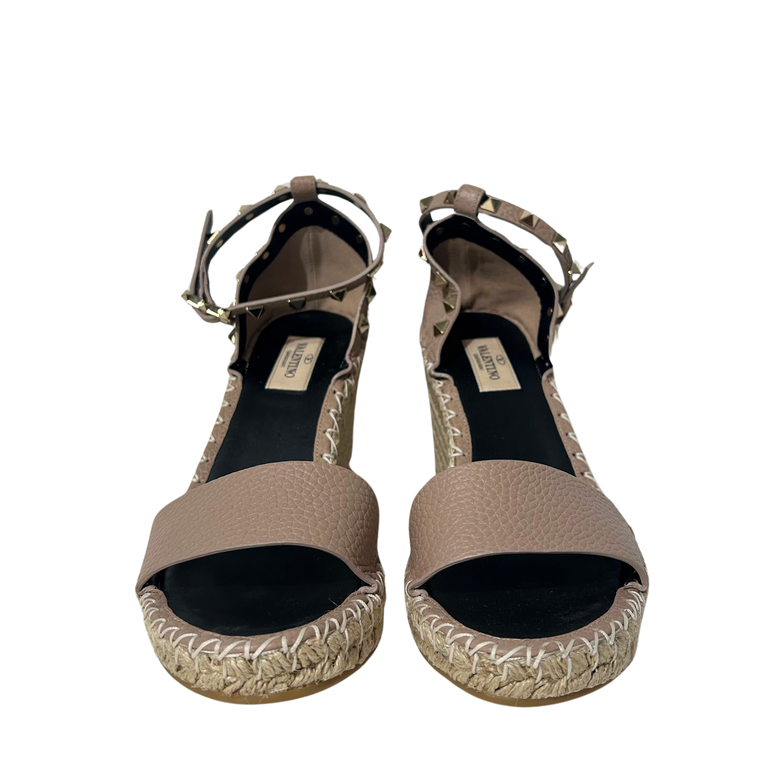 Pink Leather Rockstud Ankle Strap Wedge Espadrille Sandals 38