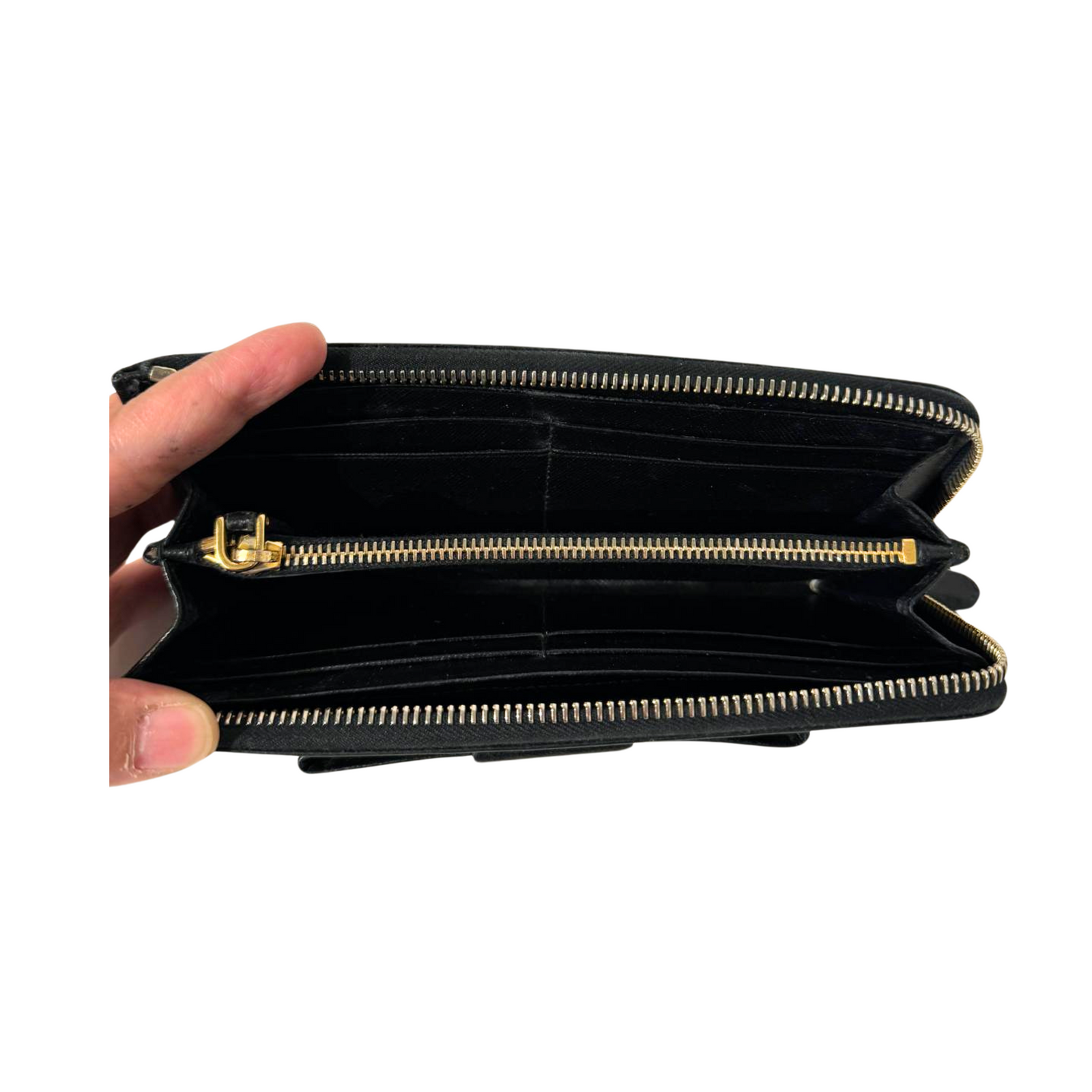 Prada Black Saffiano Leather Bow Zip Around Wallet