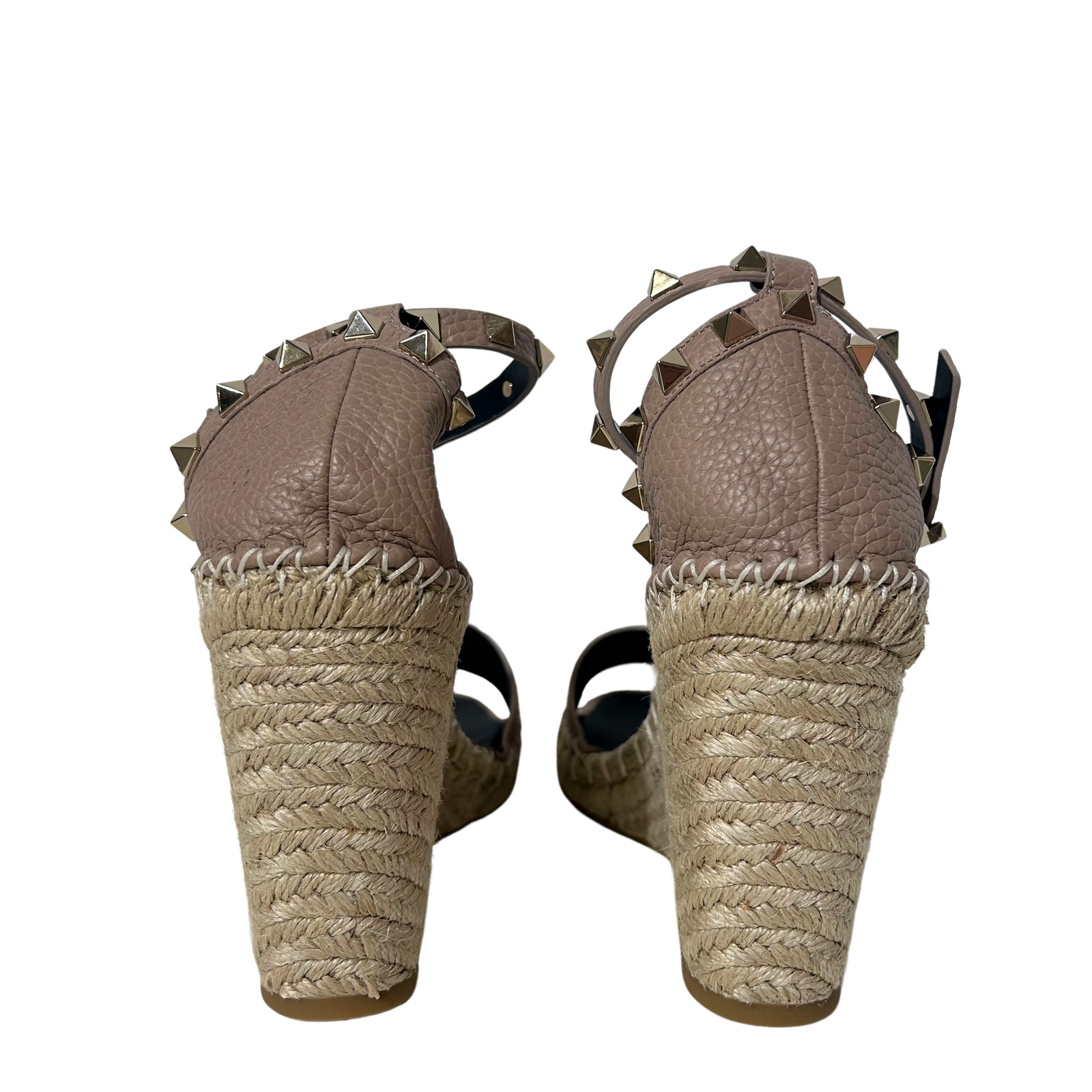 Pink Leather Rockstud Ankle Strap Wedge Espadrille Sandals 38