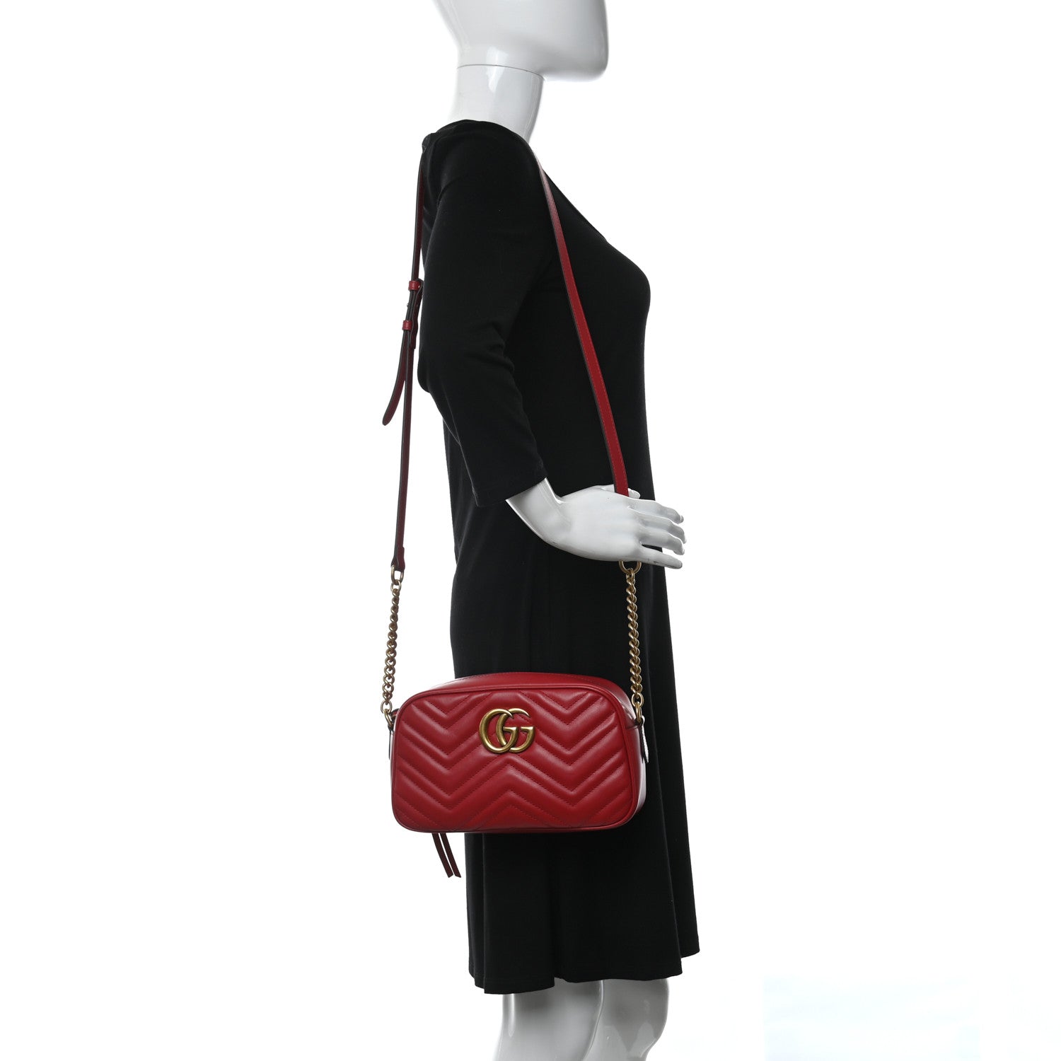 Calfskin Matelasse Small GG Marmont Chain Shoulder Bag in Hibiscus Red