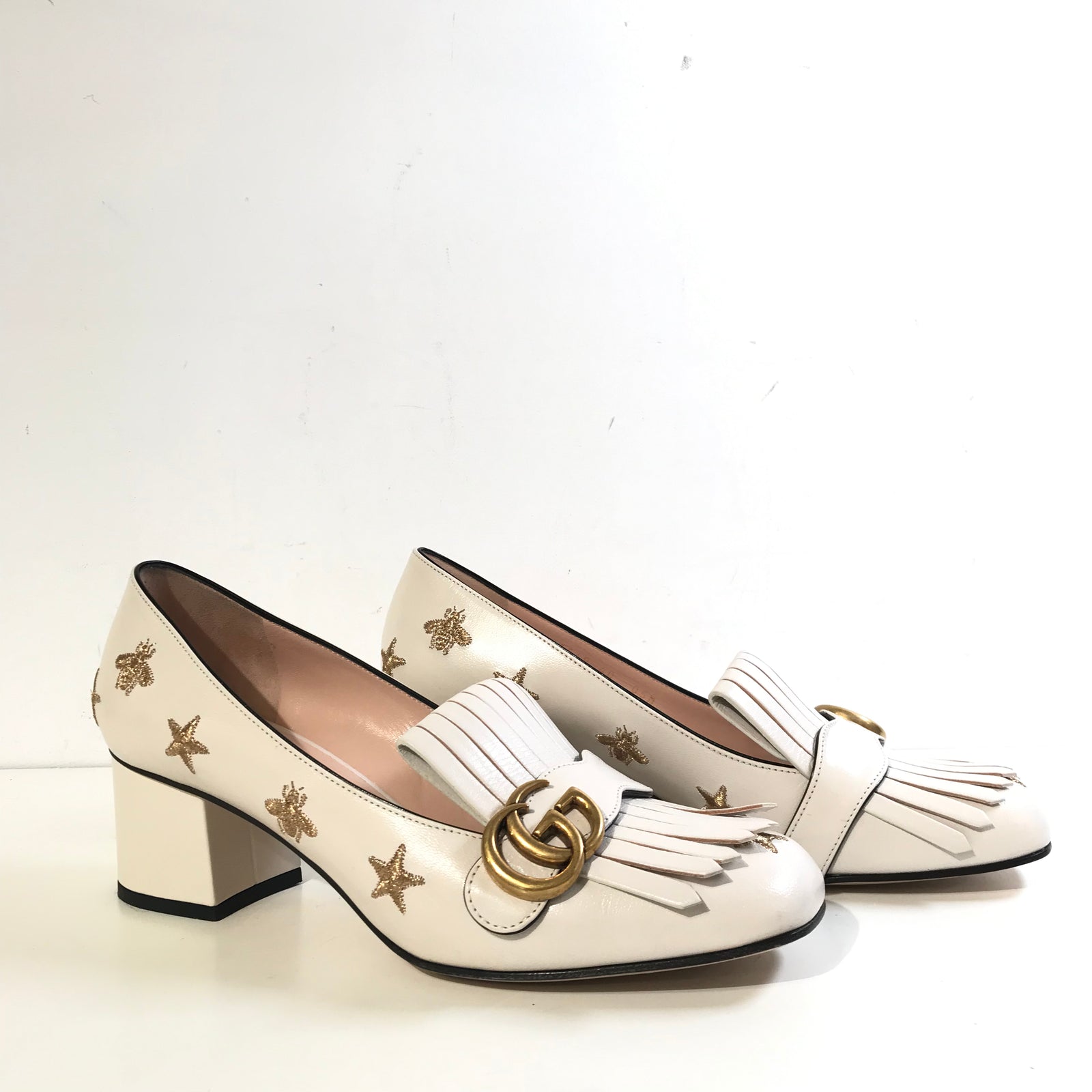 Goatskin Bee Star Embroidered GG Marmont Fringe Loafer Pumps