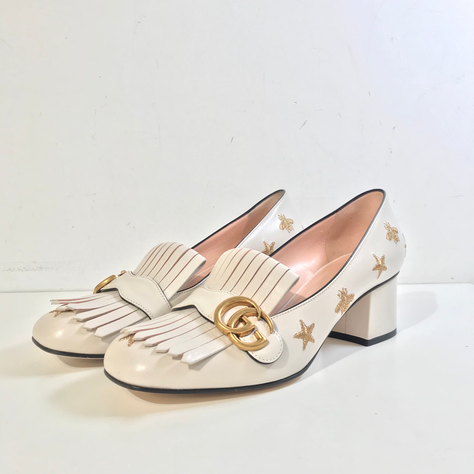 Goatskin Bee Star Embroidered GG Marmont Fringe Loafer Pumps Loom Magpie Boutique